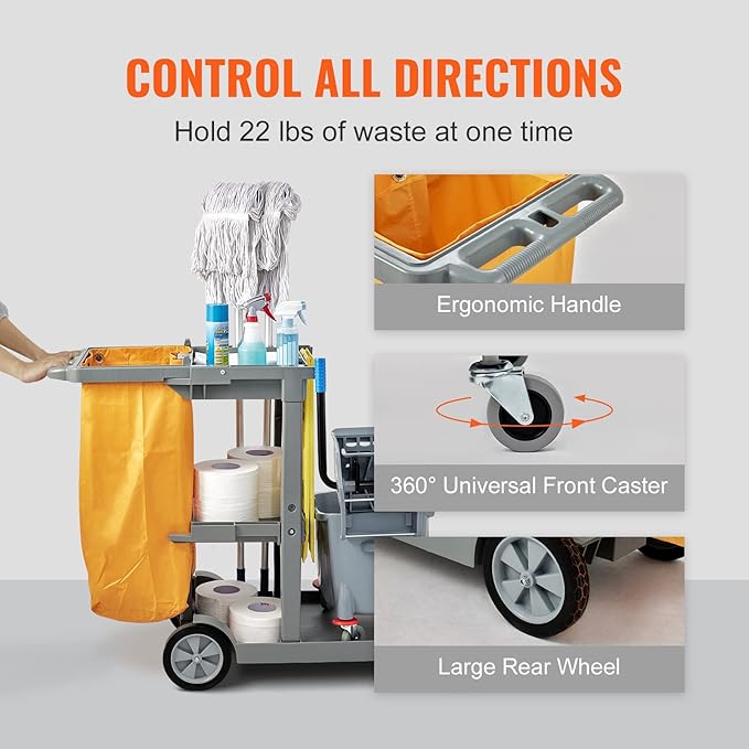 VEVOR Cleaning Cart, 3-Shelf Commercial Janitorial Cart, 200 lbs Capacity - Image 6