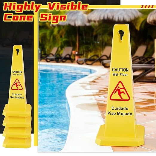 Floor Safety Cone Yellow Caution Wet Floor Sign 4 Sided Wet Cone Sign Public - Image 5