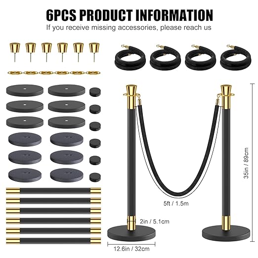 kaiyomi 6Pcs Stanchions with Black Velvet Ropes Set, 5 Feet Velvet Ropes and - Image 2