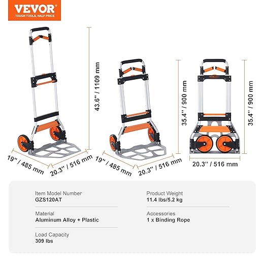 VEVOR Folding Hand Truck and Dolly, 309 Lbs Capacity, Aluminum Foldable Cart - Image 8
