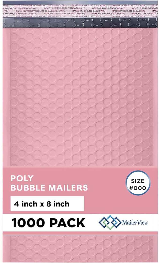 Light Pink Small Bubble Mailers 4x8 Inch #000 | Thick Padded Poly Bubble Mailer by MAILERVIEW