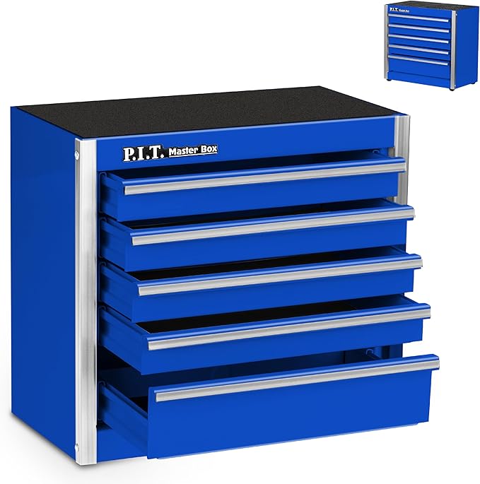 P.I.T. Mini Blue Tool Box, Portable 5-Drawer Micro Roll Cab Steel Stackable by PIT