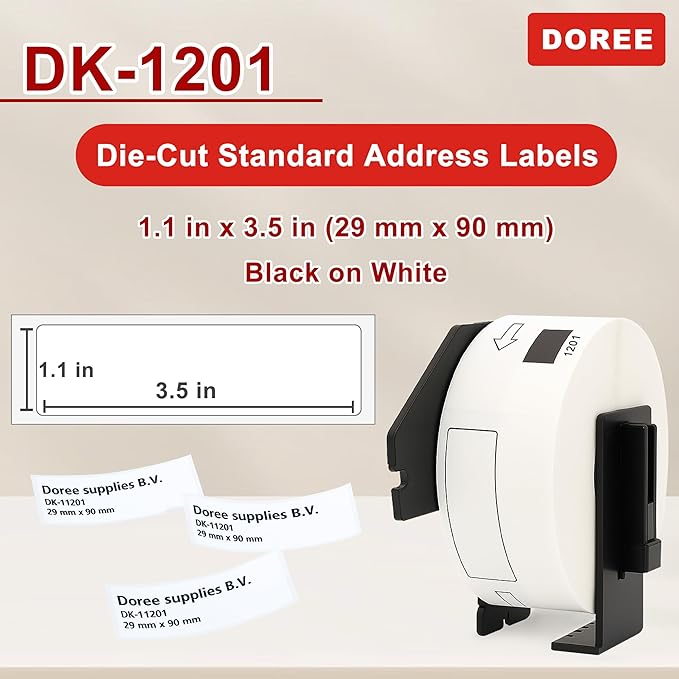 DOREE 10 Rolls DK1201 Die-Cut Standard Address Labels 1.14"x3.5" Black on White - Image 2