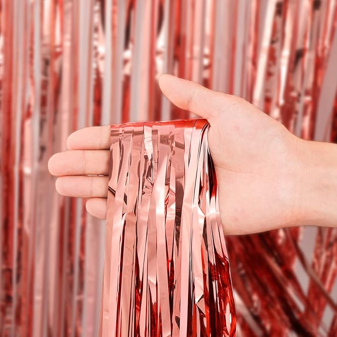 3 Pack 3.3x8.2 Feet Rose Gold Foil Fringe Backdrop Curtains, Tinsel Streamers - Image 2