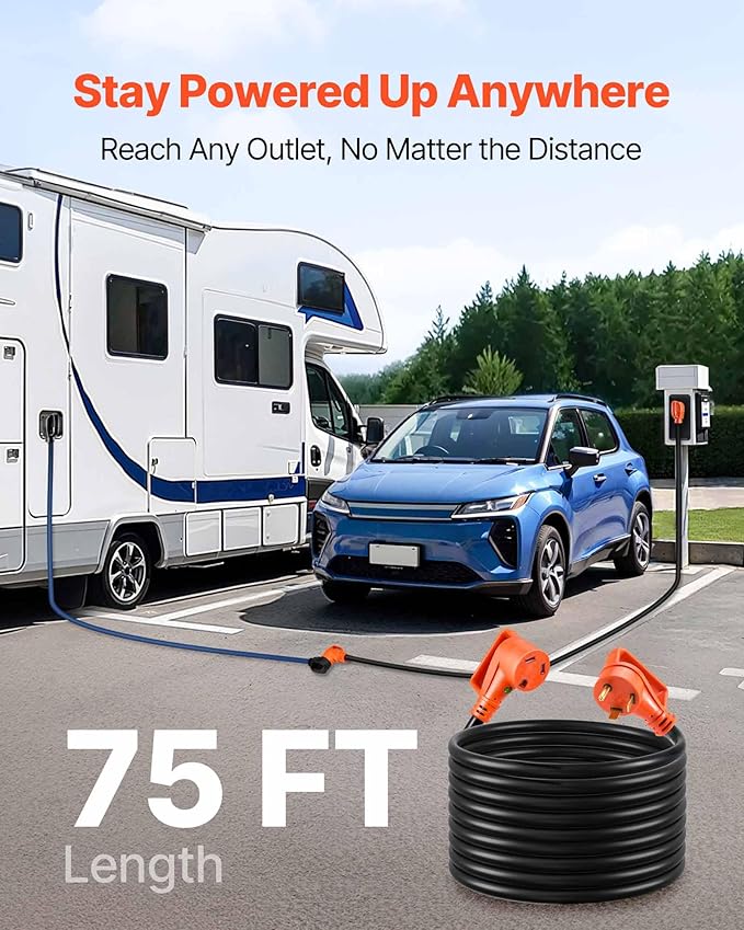 VEVOR 75 FT RV Extension Cord, 30 Amp, 125V 2500W Heavy Duty STW 10/3 Gauge Wire - Image 2