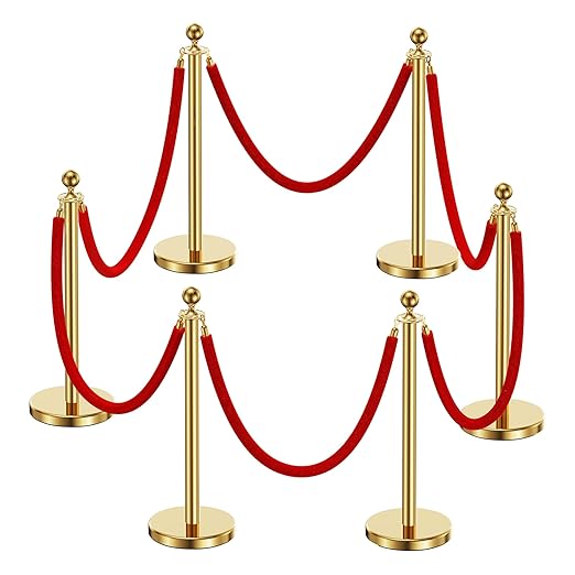6pcs Sturdy Gold Stanchion Posts and 6pcs High Quality Red Carpet Velvet Ropes by CAMMOO