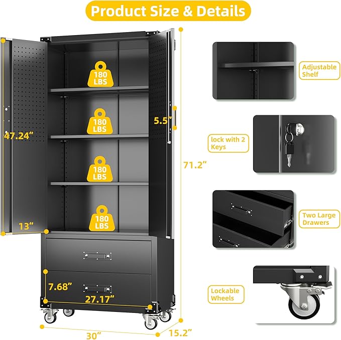 Garage Storage Cabinet with 2 Drawers and Pegboard, Metal Storage Cabinet with - Image 3