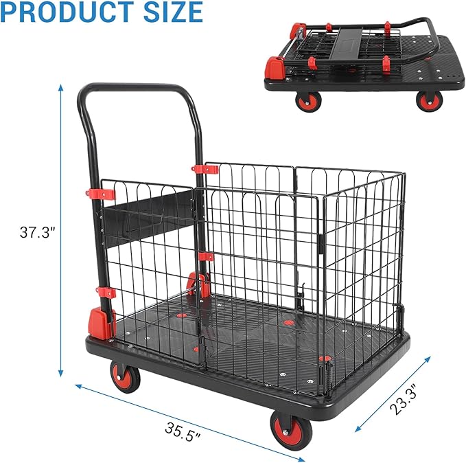 Platform Truck Cart with Cage, 35 * 23 * 20 in 1000LBS Capacity Folding Cart - Image 3