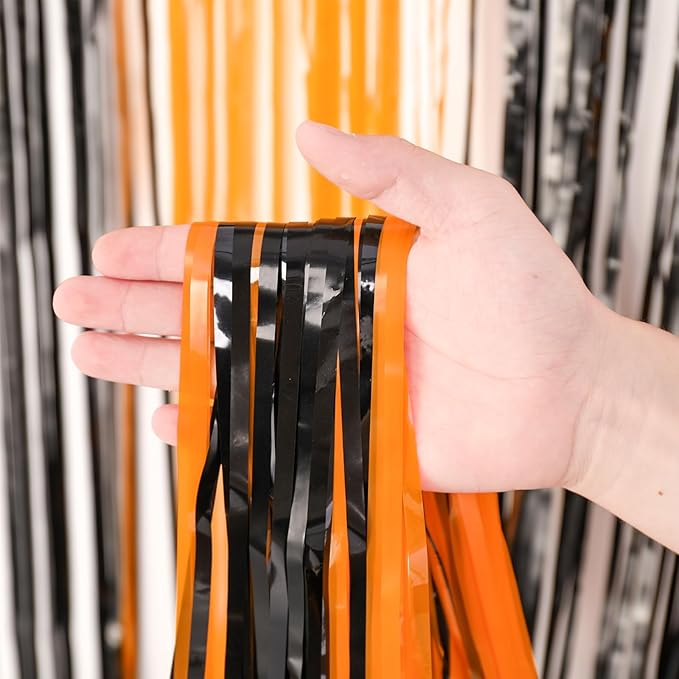 3 Pack 3.3x8.2 Feet Black and Orange Foil Fringe Backdrop Curtains, Tinsel - Image 2