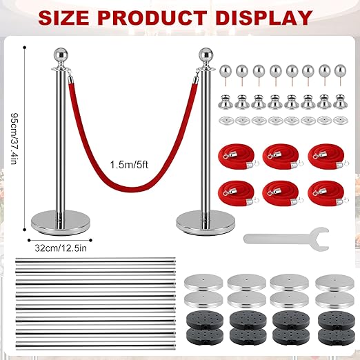 8 PCS Stainless Steel Stanchion Post, 5Ft Red Velvet Rope, Hollow Base and - Image 2