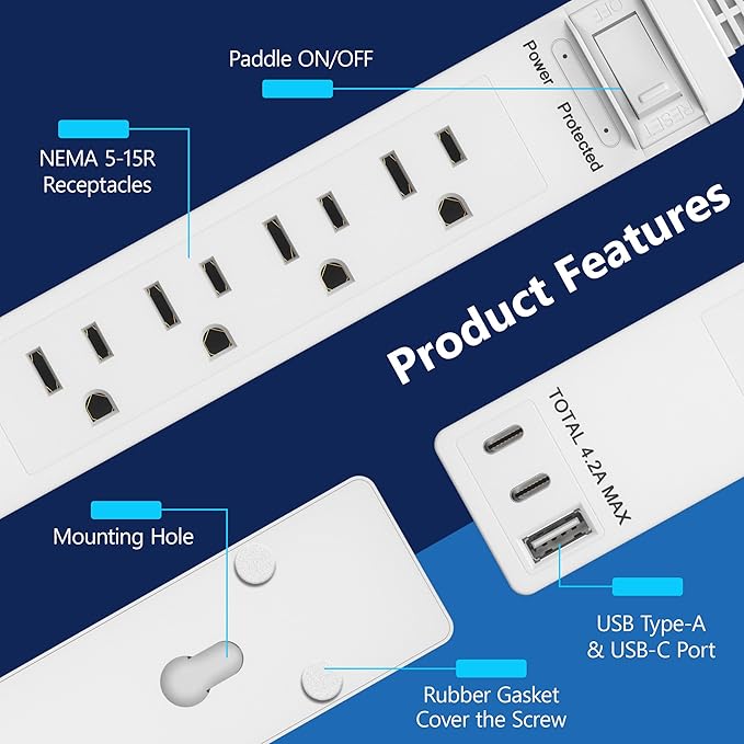 LIDER Surge Protected Outlet Extender, 4-Outlet Power Strip, 21W USB Type-A - Image 5