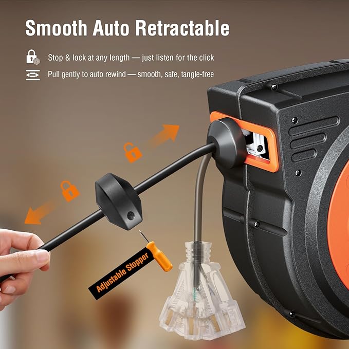 SURAIELEC 80 FT Retractable Extension Cord Reel, 14 AWG SJTOW Power Cord - Image 3