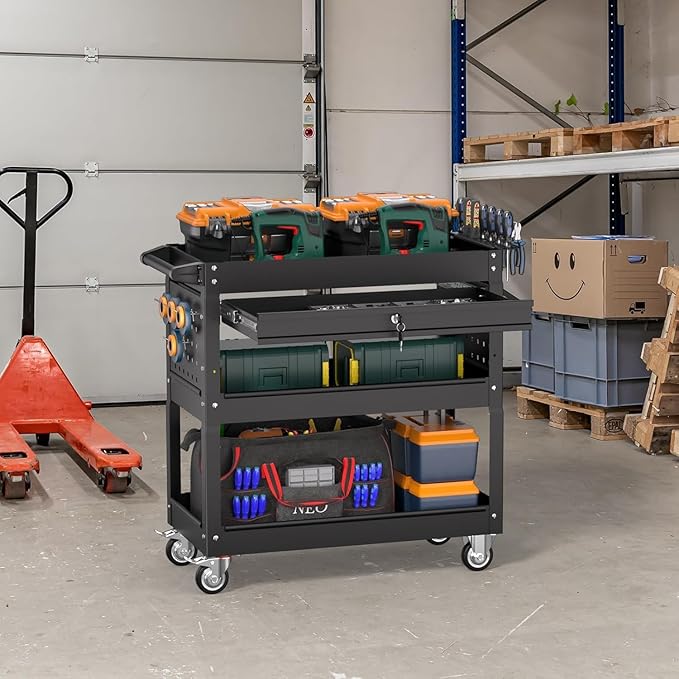 3 Tier Rolling Tool Cart on Wheels, Heavy Duty Service Cart Industrial Utility - Image 2