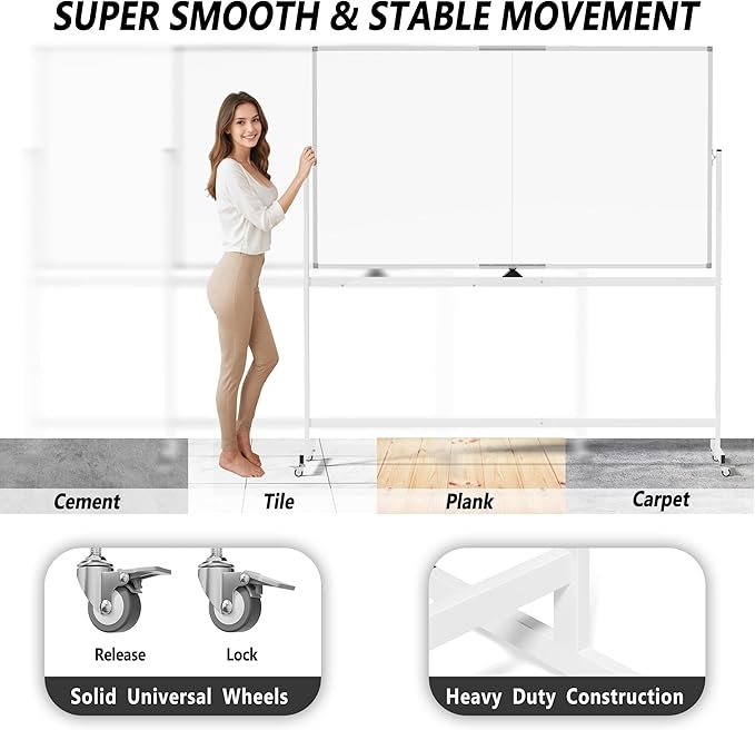Large Rolling Whiteboard on Wheels, Portable Standing Magnetic Dry Erase Board - Image 4