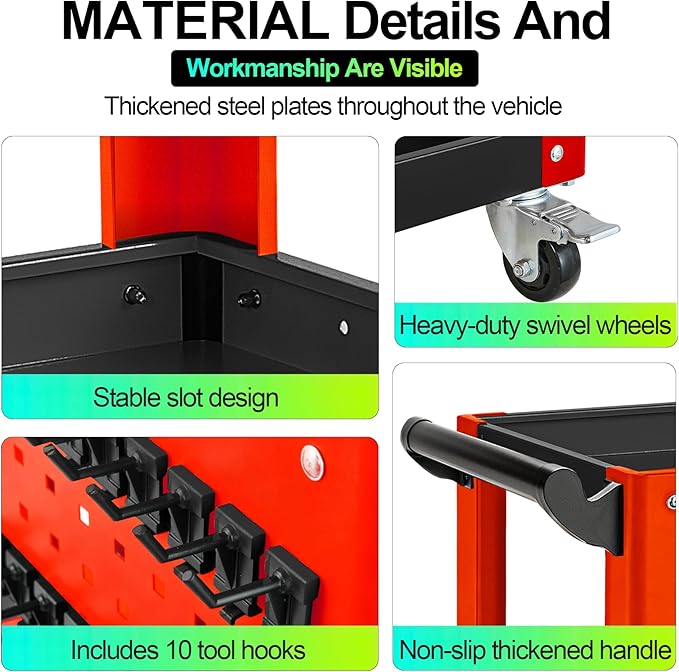 3 Tier Rolling Tool Cart, Mechanic Tool Cart on Wheels, Mechanic Storage - Image 4