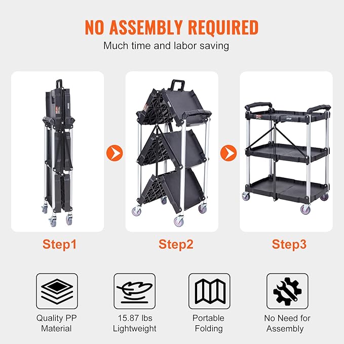 VEVOR Foldable Utility Service Cart, 165LBS 3 Shelf Heavy Duty Plastic Rolling - Image 6
