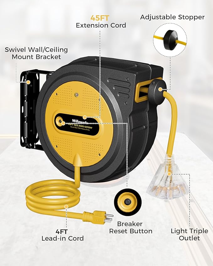 45 FT Retractable Extension Cord Reel, Heavy Duty Power Cord, 12AWG/3C SJTOW - Image 7