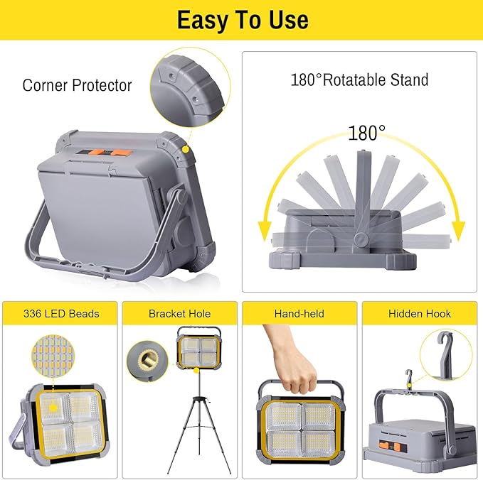 ERAY LED Work Light with 4 Solar Panel, 150W 12000mAH Rechargeable Worklight - Image 5