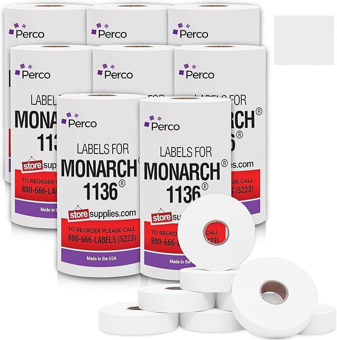White Pricing Labels for Monarch 1136 Price Gun – Case of 8 Sleeves, 64 Rolls by Perco