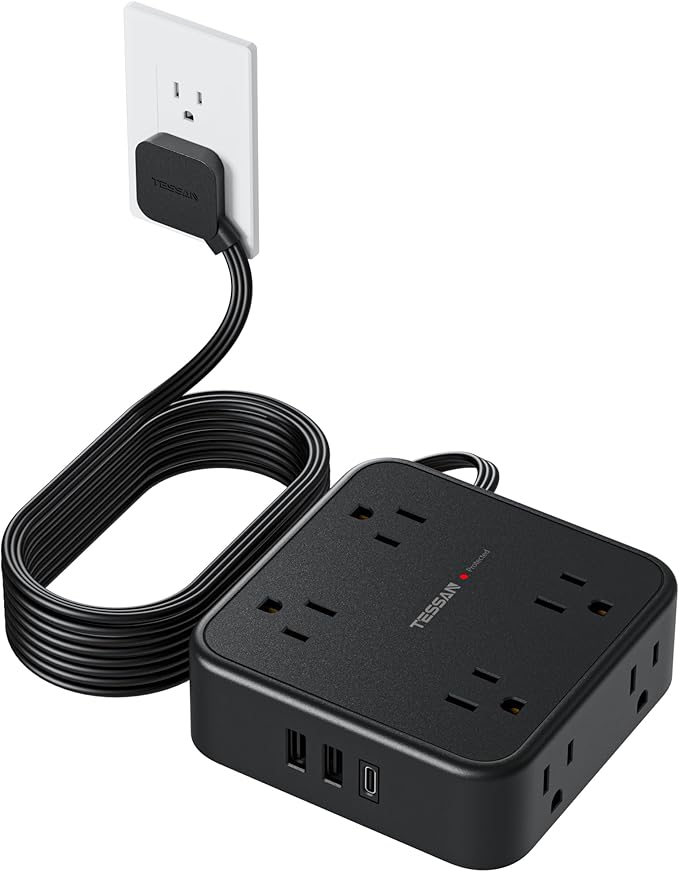 TESSAN Surge Protector Power Strip Black, 5 Ft Flat Plug Extension Cord by TESSAN