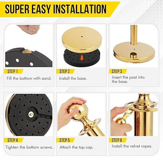 8PCS Gold Stanchion Post with 5 Ft Rope Stainless Steel Crowd Control Barriers - Image 6