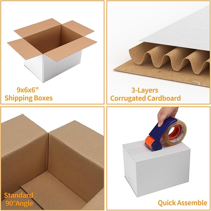 PETAFLOP 9x6x6 Shipping Boxes Set of 25, Small White Cardboard Mailer Box - Image 3