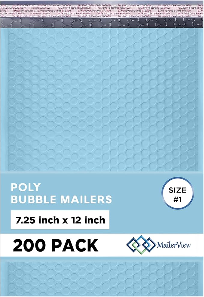 Light Blue Poly Bubble Mailers 7.25x12 inch #1 | Self Seal Padded Envelopes | by MAILERVIEW