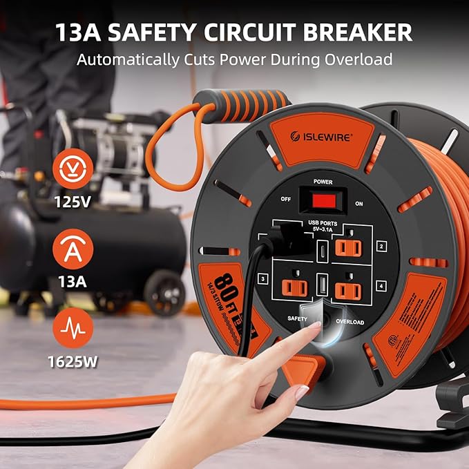 Retractable Extension Cord Reel 80 FT, 14AWG SJTOW Heavy Duty Power Cord - Image 4