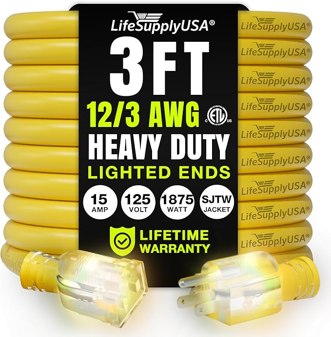 3ft Outdoor/Indoor Extension Cord 12/3 Gauge Extra Heavy Duty 3 Prong SJTW by LifeSupplyUSA