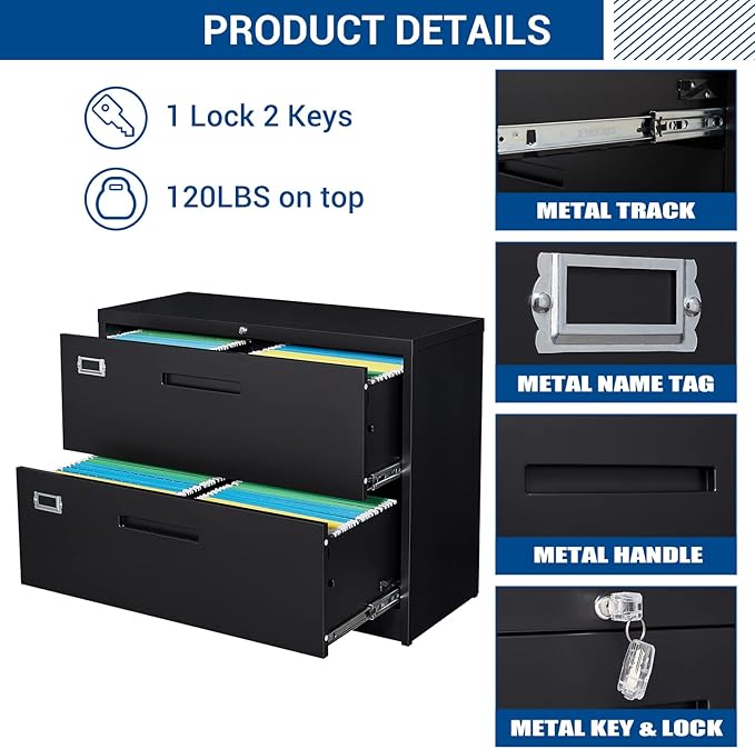Lateral File Cabinet with Lock, 2 Drawer Large Metal Filing Cabinet, Home - Image 6