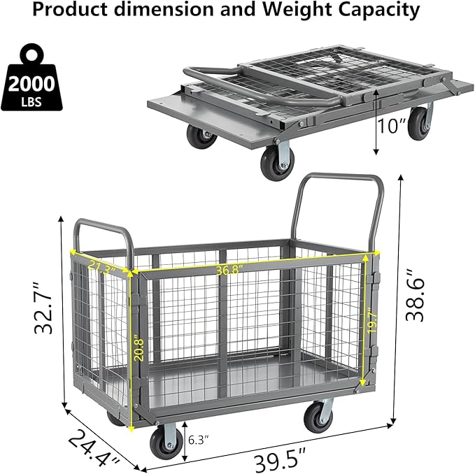 Platform Truck Cart with Cage, 5 in 1 Heavy Duty Platform Carts with Cage 2000 - Image 2