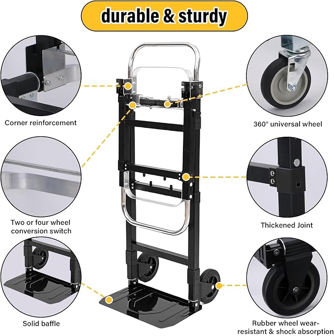 Upgraded 3 in 1 Folding Hand Truck, 600lbs Capacity, Heavy Duty Convertible - Image 4