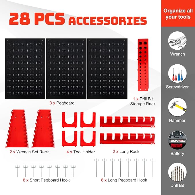 Goplus Garage Pegboard Tool Organizer, 4ft Metal Pegboard Wall Organizer w/3 - Image 3