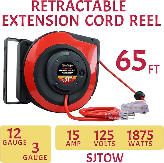 65Ft Heavy Duty Cord Reel, Retractable Extension Cord, 12AWG/3C SJTOW, Lighted - Image 2