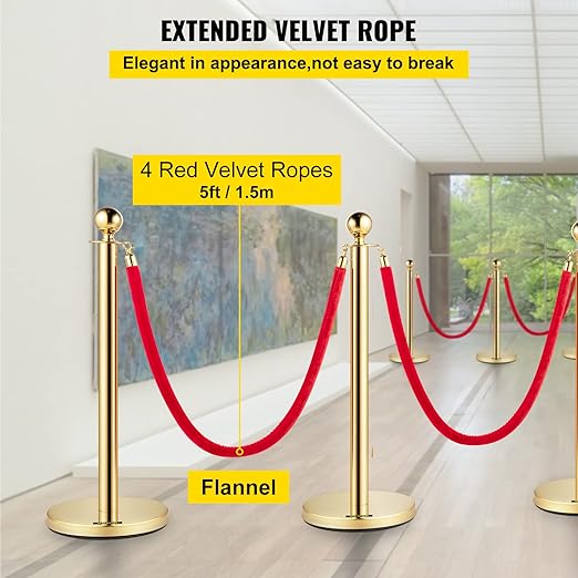 VEVOR Velvet Ropes and Posts 6 Pcs Red Velvet Rope 5 ft, Stanchions Solid Base - Image 4