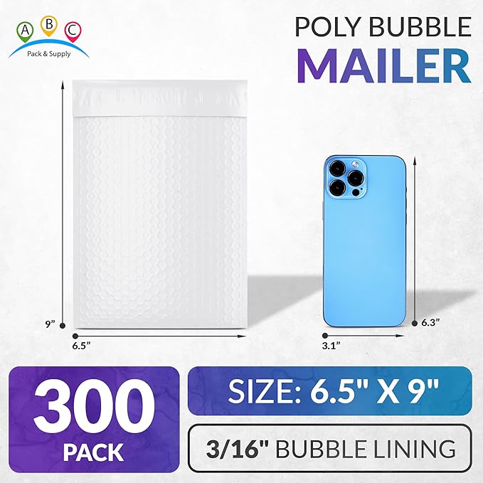 ABC PACK & SUPPLY Poly Bubble Mailers, 6.5 x 9 Inch. Pack of 300 White Padded - Image 2