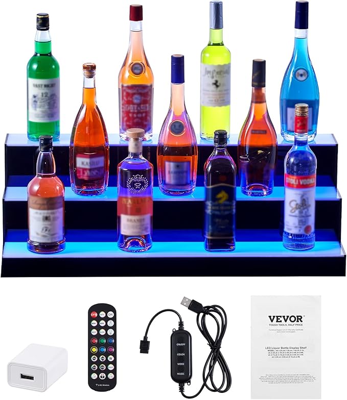 VEVOR LED Lighted Liquor Bottle Display, 3 Tiers 30 Inches, Supports USB - Image 9