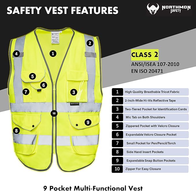 Vest 9 Pockets Class 2 High Visibility Zipper Front Construction Vest - Image 4