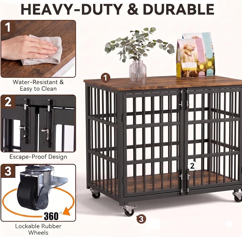BOLDBONE 38 inch Dog Crate Furniture, Heavy Duty Dog Kennel Indoor for Large Dogs, Escape-Proof and Chew-Proof Wooden Dog Cage for high Anxiety Dog, Decorate House as TV Stand, End Table, Black Brown - Image 5