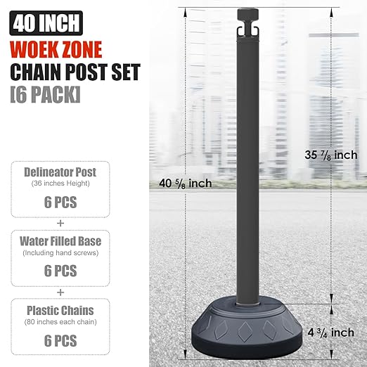 6-Set Pack 40" inch Black Work Zone Chain Post Set, Traffic Queue Delineator - Image 2