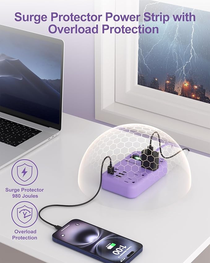 6 USB Purple Surge Protector Power Strip- 10 Ft Purple Extension Cord - Image 8