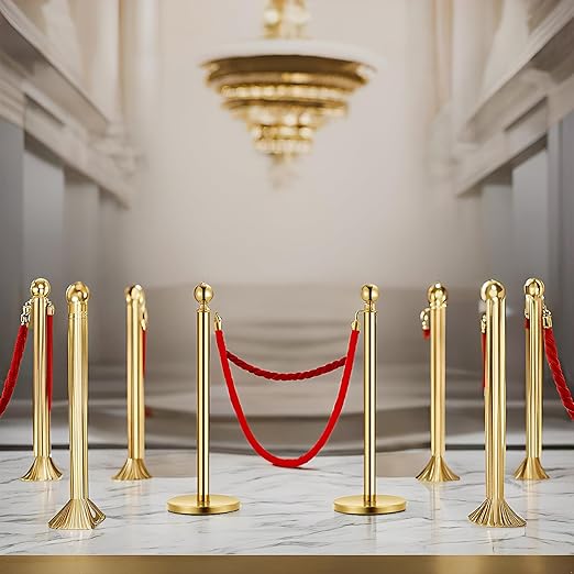 10PCS Gold Stanchion Post, 5 Ft Red Velvet Rope Stainless Steel Crowd Control - Image 7