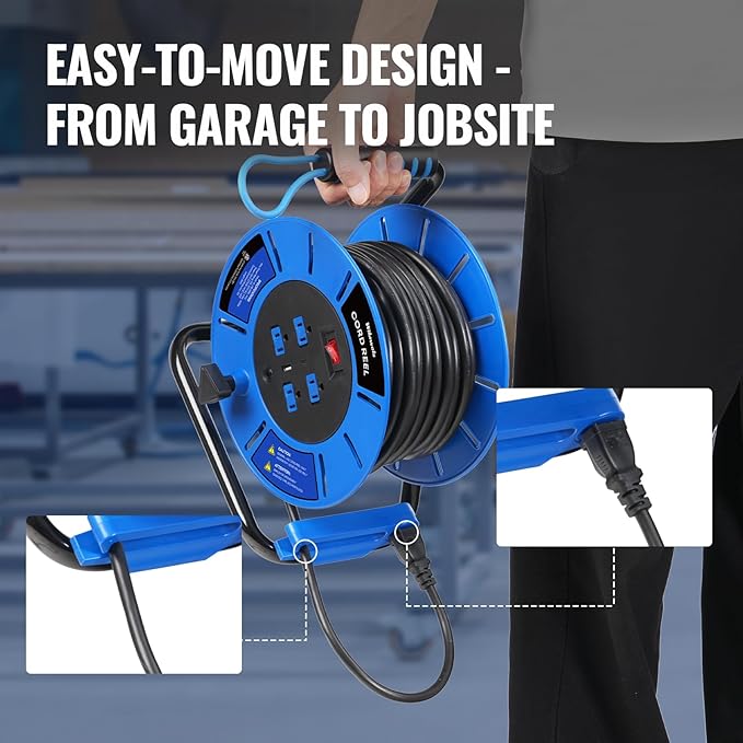 60 FT Retractable Extension Cord Reel, 14AWG Heavy Duty Power Cord - Image 8
