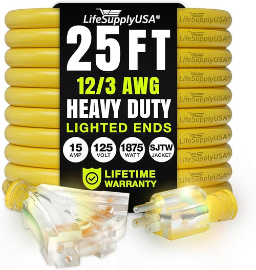 25ft Outdoor/Indoor Extension Cord 3-Outlet 12/3 Gauge Extra Heavy Duty 3 Prong by LifeSupplyUSA
