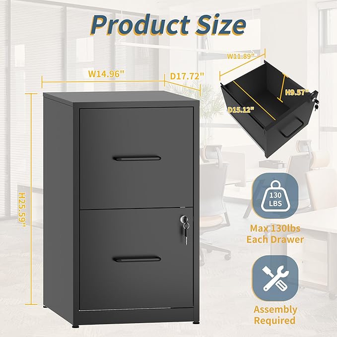 2 Drawer File Cabinet with Lock, Vertical Filing Cabinets - Image 3