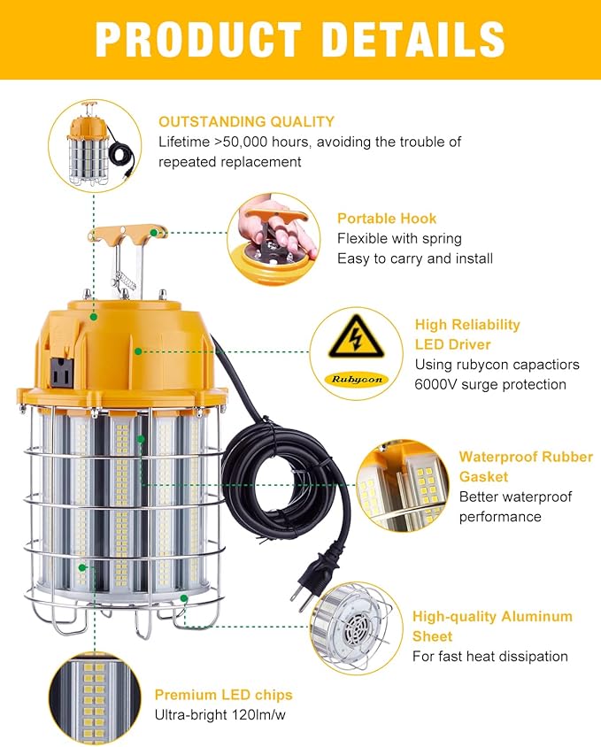 LED Temporary Work Light 100W LED Construction Lights 12, 000lm 5000K Daylight - Image 2