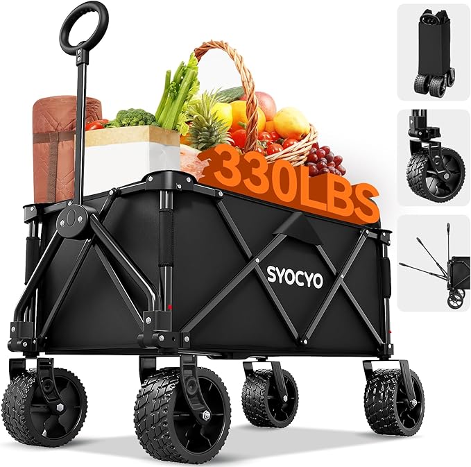 Collapsible Wagon with Big Wheels, Beach Wagons Carts Foldable with All-Terrain by SYOCYO