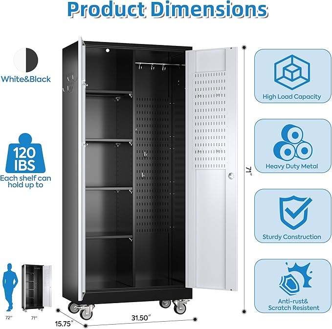 Garage Storage Cabinet with Wheels, Broom Closet Storage Cabinet with Pegboards - Image 3
