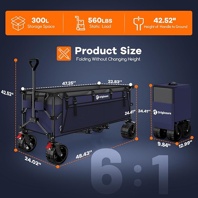 48" L Collapsible Wagon Cart Foldable, 560lbs Weight Capacity 300L Heavy Duty - Image 2
