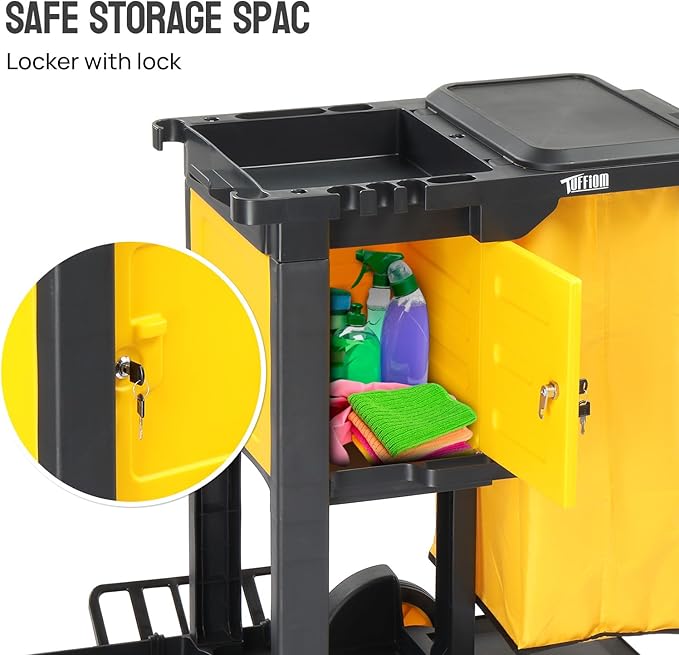 TUFFIOM Janitorial Cart with Key-Locking Cabinet, 3-Shelf Commercial Cleaning - Image 6